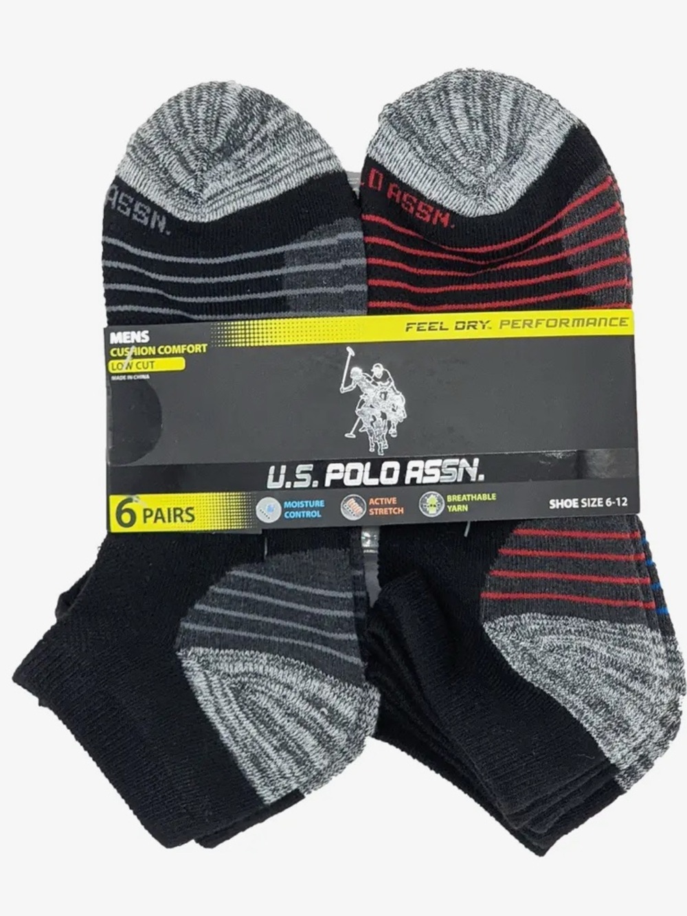 U.S. Polo Assn. Men's Low-Cut Athletic Socks‎ - Black, Gray & Red (6 Pairs)
